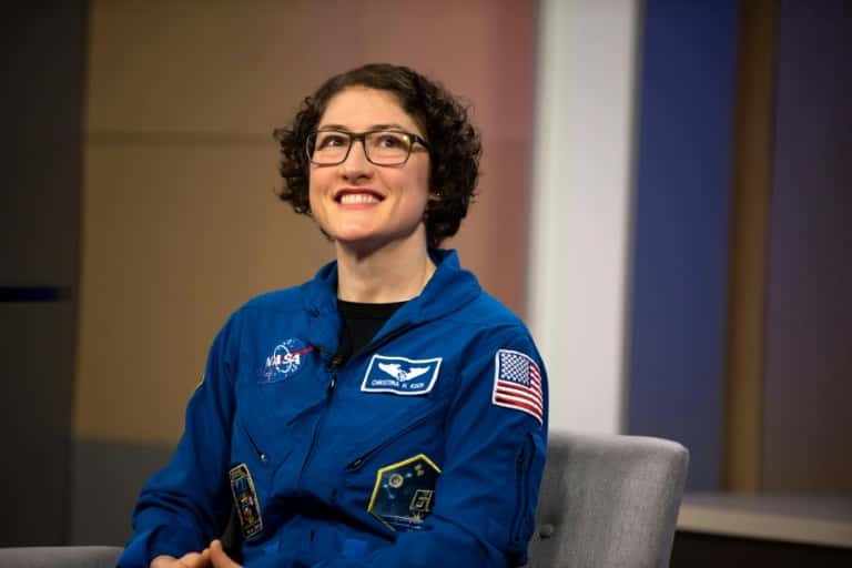 L'astronaute de la Nasa Christina Koch répond à des questions pendant une conférence de presse organisée à son retour de l'espace, le 12 février 2020 au Centre spatial Johnson à Houston, au Texas. © Mark Felix, AFP