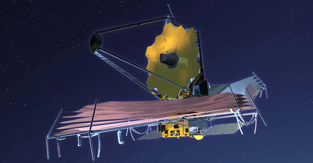 Des astronomes ont identifié une nouvelle méthode qui, grâce au futur télescope spatial James Webb – ici en vue d’artiste –, permettra de détecter la présence d’une atmosphère autour d’une exoplanète en seulement quelques heures d’observation. © Nasa