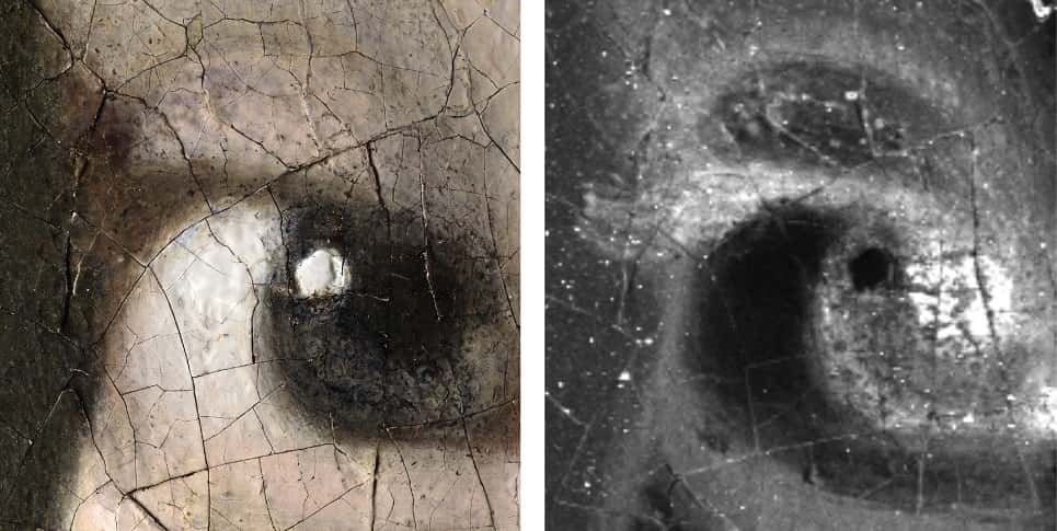 À gauche : micrographie numérique 3D de l'œil droit de la jeune fille, grossissement 140x (1,1 μm / pixel). © Hirox Europe, Jyfel. À droite : l'analyse par fluorescence macro-X (MA-XRF) montre que le peintre Vermeer a peint des cils avec une peinture brune. Le bout du cil est à peine visible sur le fond sombre décoloré. © Annelies van Loon, Mauritshuis, Rijksmuseum