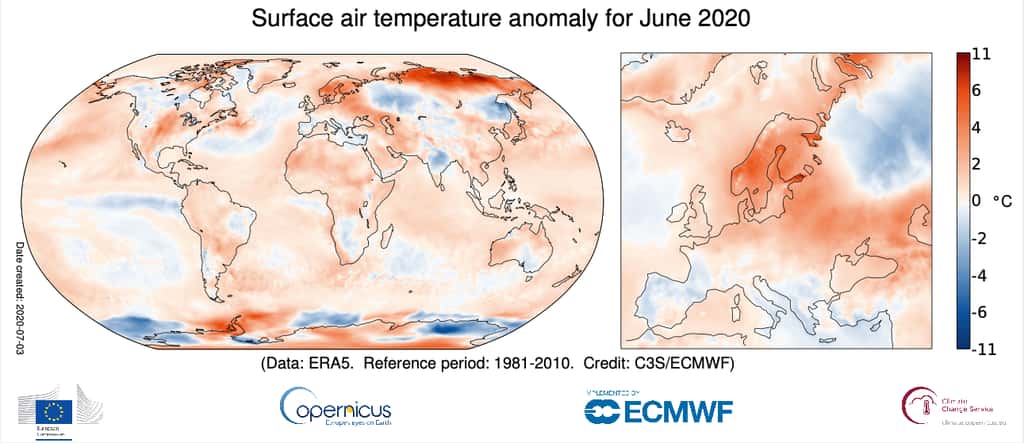 Les températures de l’air dans le monde, en juin 2020, comparées à la moyenne de la période 1981-2010. © Copernicus Climate Change Service/ECMWF