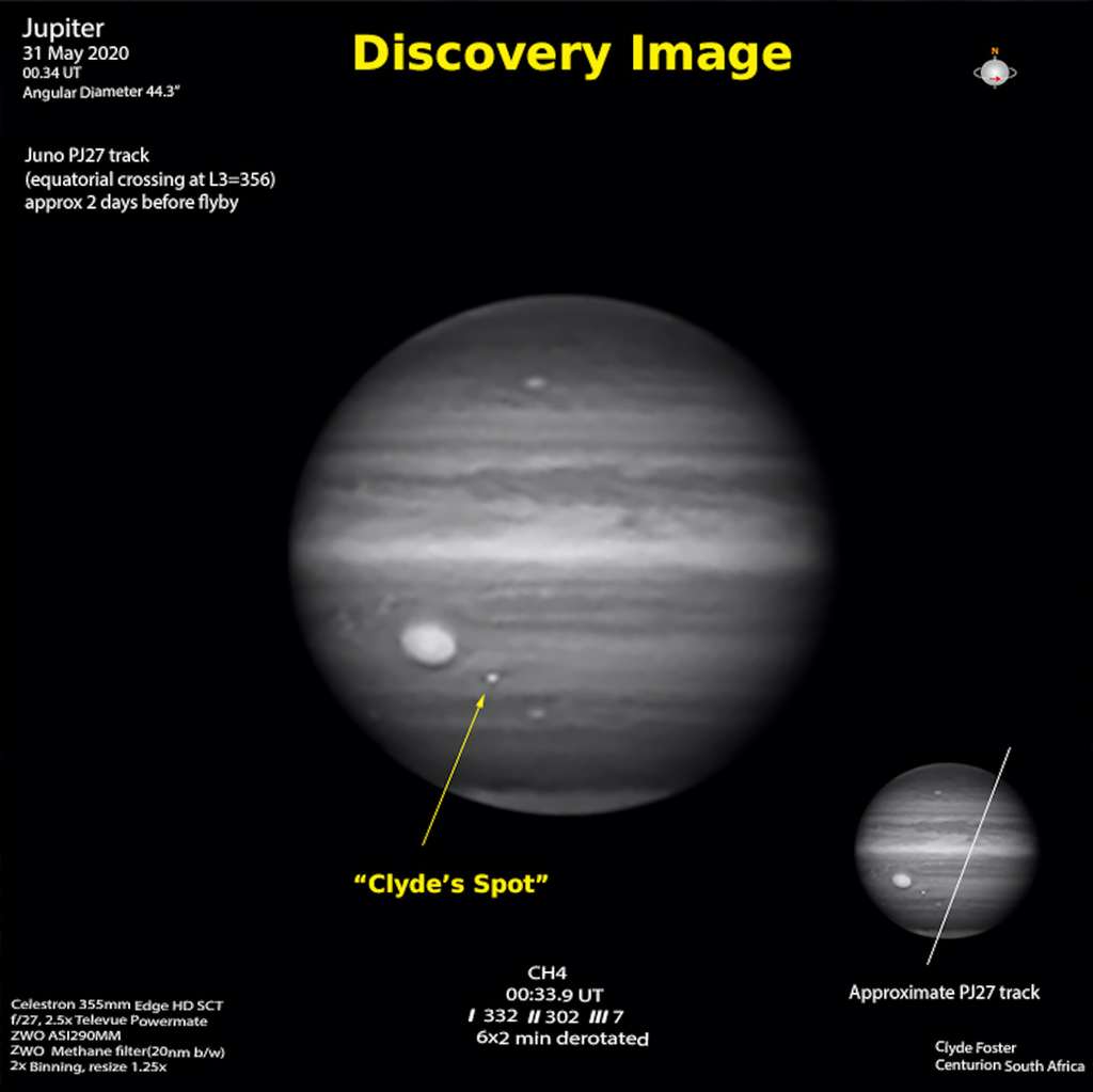 L’image prise par Clyde Foster, le 31 mai 2020. On y découvre la nouvelle tempête jovienne qui sera baptisée Clyde Spot. En bas à droite, la trajectoire approximative de la sonde Juno, deux jours plus tard. © Nasa