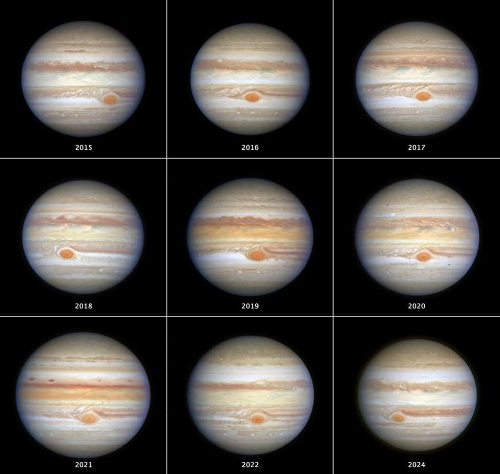 Ici, neuf images de Jupiter renvoyées par le télescope spatial Hubble depuis le début du programme Opal. De quoi suivre l’évolution de la Grand tache rouge et d’autres changements notables dans la structure nuageuse de l’atmosphère de Jupiter au fil du temps. © Nasa, ESA, Amy Simon (Nasa-GSFC), Michael H. Wong (UC Berkeley) ; Traitement d’images : Joseph DePasquale (STScI)