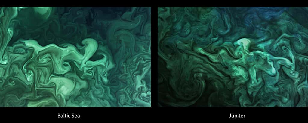 Notre Terre à gauche — quelque part en mer Baltique —, Jupiter à droite. © Nasa OBPG OB.DAAC, GSFC, Aqua, MODISImage processing : Gerald Eichstädt CC BY