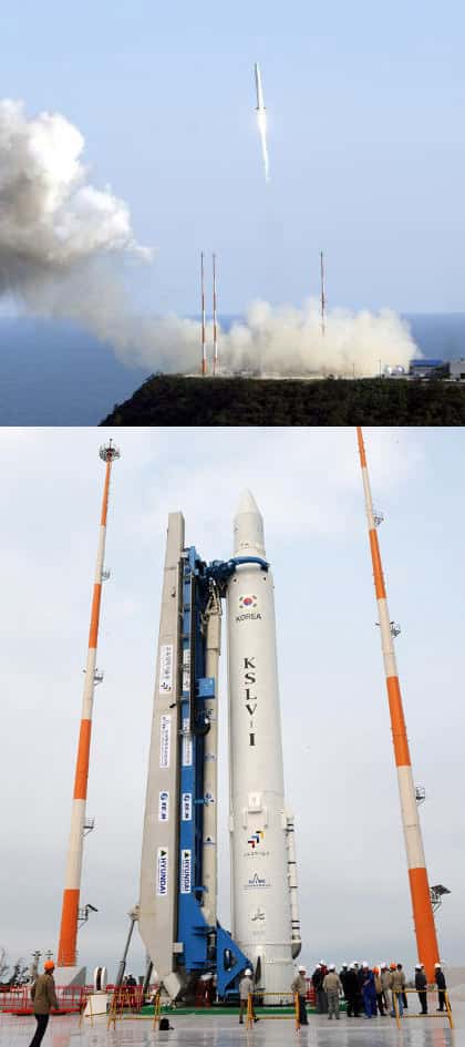 La première tentative de lancer le KSLV-1 s'est soldée par l'échec de la mise en orbite de la charge utile (un satellite scientifique d'une centaine de Kilo) en raison d'un mauvais fonctionnement de la coiffe (aout 2009). Crédit Kari