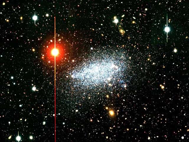 Leo A est une galaxie naine irrégulière, membre de notre Groupe local et probablement satellite de la Voie lactée. © V. Vansevicius (IoP Lithuania), N. Arimoto (NAOJ) <em>et al.</em>, Suprime-Cam, Subaru Telescope, NAOJ