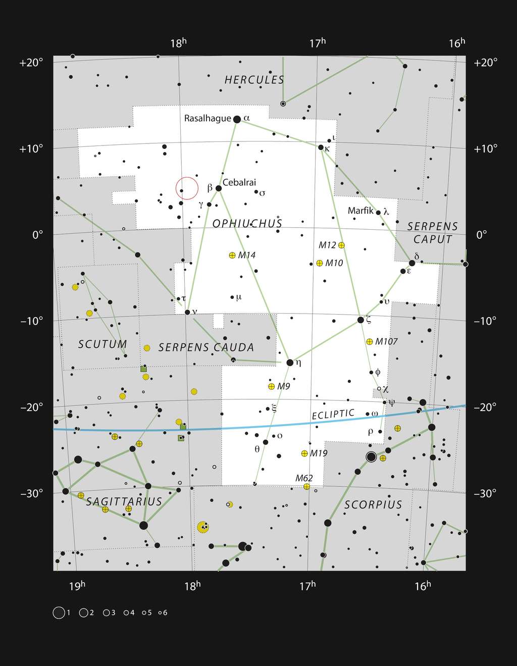 Une carte pour localiser l’étoile de Barnard – entourée de rouge – dans notre ciel. © ESO, IAU et Sky & Telescope