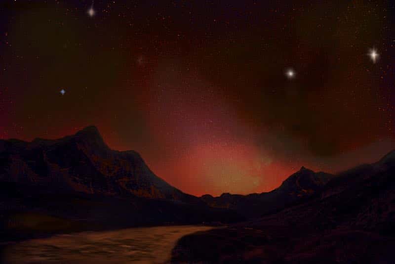 Sur Kepler-1229b — tout comme sur Kepler-395c —, les chercheurs imaginent des lumières zodiacales aux teintes rougeoyantes, à la couleur de son étoile hôte. Sur Kepler-69c, en revanche, une planète de type Vénus, les lumières zodiacales apparaissent probablement blanchâtres dans un ciel sombre et lourd. © SHAO/Yue Xu