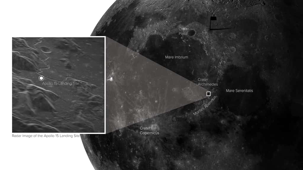 Grâce à un signal radar envoyé vers la Lune et au <em>Very Long Baseline Array</em> (VLBA), les chercheurs ont obtenu une image étonnante de la surface de notre satellite. © Sophia Dagnello, NRAO/GBO/Raytheon/AUI/NSF/USGS