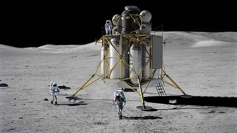 Cette vue d'artiste représente une mission lunaire habitée menée par la Nasa aux alentours de 2020. Les Américains pourraient bientôt faire marcher de nouveaux Hommes sur la Lune. © Nasa, Wikipédia, DP
