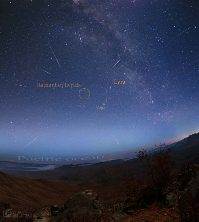 Image composite de la pluie d'étoiles filantes des Lyrides qui doit son nom à la position de son radiant dans la constellation de la Lyre. © Yuri Beletsky, APOD