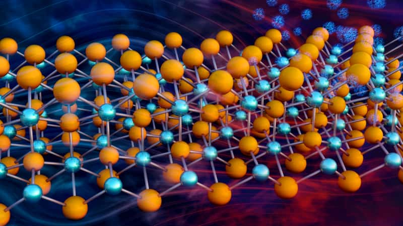 Une représentation de la structure cristalline de l’un des matériaux thermoélectriques étudiés par les chercheurs de l’université Duke et de l’université de l’État du Michigan (États-Unis) : le Mg3Sb2. Les atomes de magnésium (Mg) sont en orange. Les atomes d’antimoine (Sb) sont en bleu. © ORNL, Jill Hemman