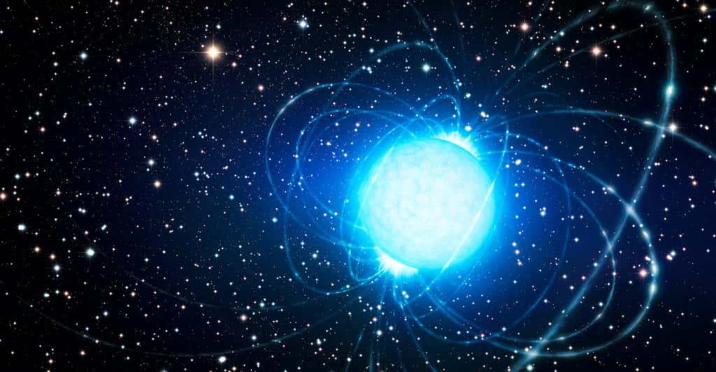Vue d’artiste d’un magnétar tel que celui qui pourrait être à l’origine du tout premier sursaut radio rapide observé au cœur de notre Voie lactée. © L. Calçada, ESO, Wikipedia, CC by 4.0
