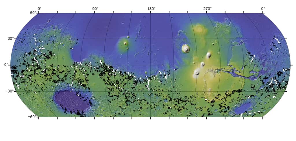 Une carte de Mars montrant les vallées fluviales. En blanc, celles formées par des inondations à partir de lacs de cratère. En noir, les autres vallées fluviales de la planète rouge. © Goudge et al., Université du Texas