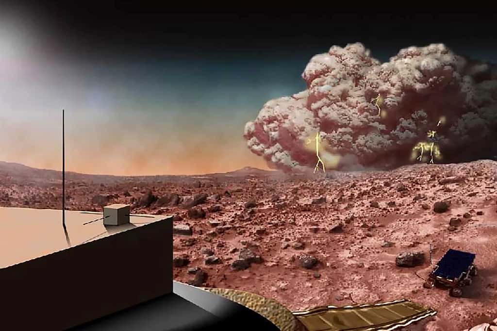 Illustration d'artiste représentant une tempête de poussière sur Mars. Aucune image n'a encore été prise de potentiels éclairs mais il est plausible de penser que ces phénomènes météorologiques s'accompagnent de décharges d'électricité statique. © Nasa 