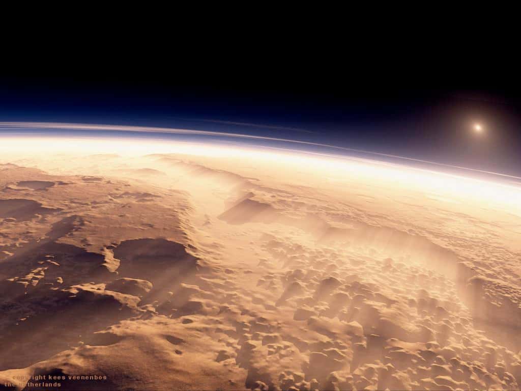 L'atmosphère martienne, aujourd'hui ténue, a sans doute été plus épaisse dans le passé, à une époque où la planète était probablement plus accueillante pour la vie. Elle sera l'objet d'études par la première sonde indienne autour de la Planète rouge. © Kees Veenenbos