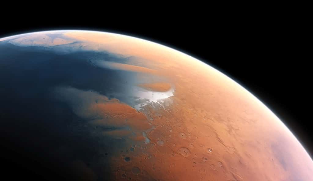 Cette vue d'artiste montre ce à quoi devait ressembler Mars voici quatre milliards d'années. La toute jeune planète devait renfermer suffisamment d'eau liquide pour que l'intégralité de sa surface en soit couverte, sur une hauteur d’environ 140 mètres. Il semble plus probable toutefois que l'eau liquide se soit constituée en un océan occupant près de la moitié de l'hémisphère nord de la planète. En certaines régions, la profondeur de cet océan pouvait dépasser 1,6 kilomètre. © ESO/M. Kornmesser