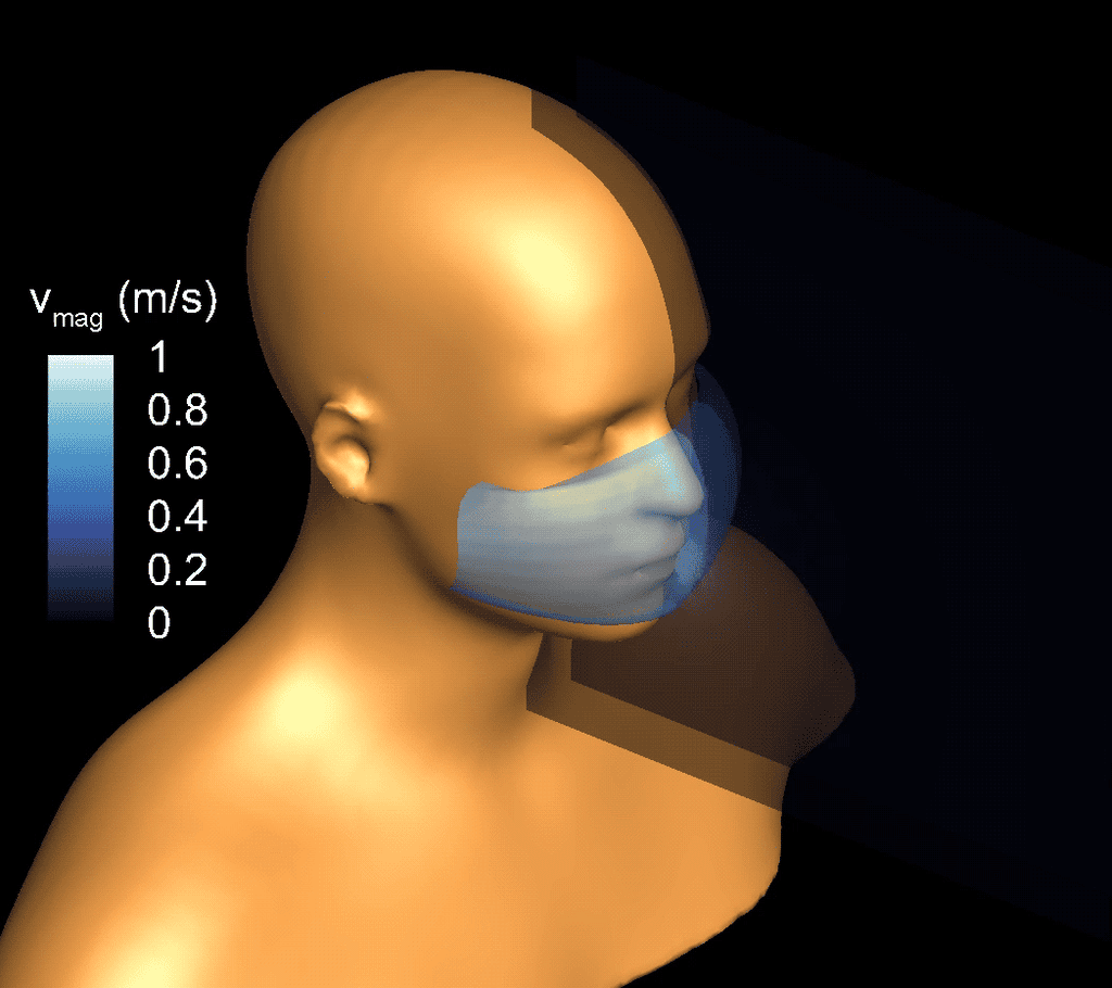 Cette simulation d’une toux montre la vitesse du flux d’air des gouttelettes se déplaçant à travers un masque facial. © Jung-Hee Seo, Université John Hopkins