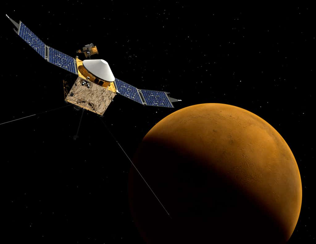 Après un voyage interplanétaire de 10 mois, Maven rejoindra Mars pour étudier son atmosphère. Elle a notamment pour objectif de comprendre l’histoire de cette couche, et de déterminer quand et pendant combien de temps Mars aurait été plus semblable à la Terre qu’elle ne l’est aujourd'hui (froide et asséchée). © Nasa, GFSC