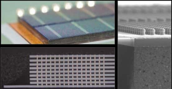 Pour sa nouvelle architecture processeur, NVidia a opté pour une mémoire vive en 3D. Les cellules DRAM sont empilées à la verticale et intégrées sur le même semi-conducteur que le processeur graphique. L’accès mémoire est beaucoup plus rapide tout en autorisant un design beaucoup plus compact. © NVidia