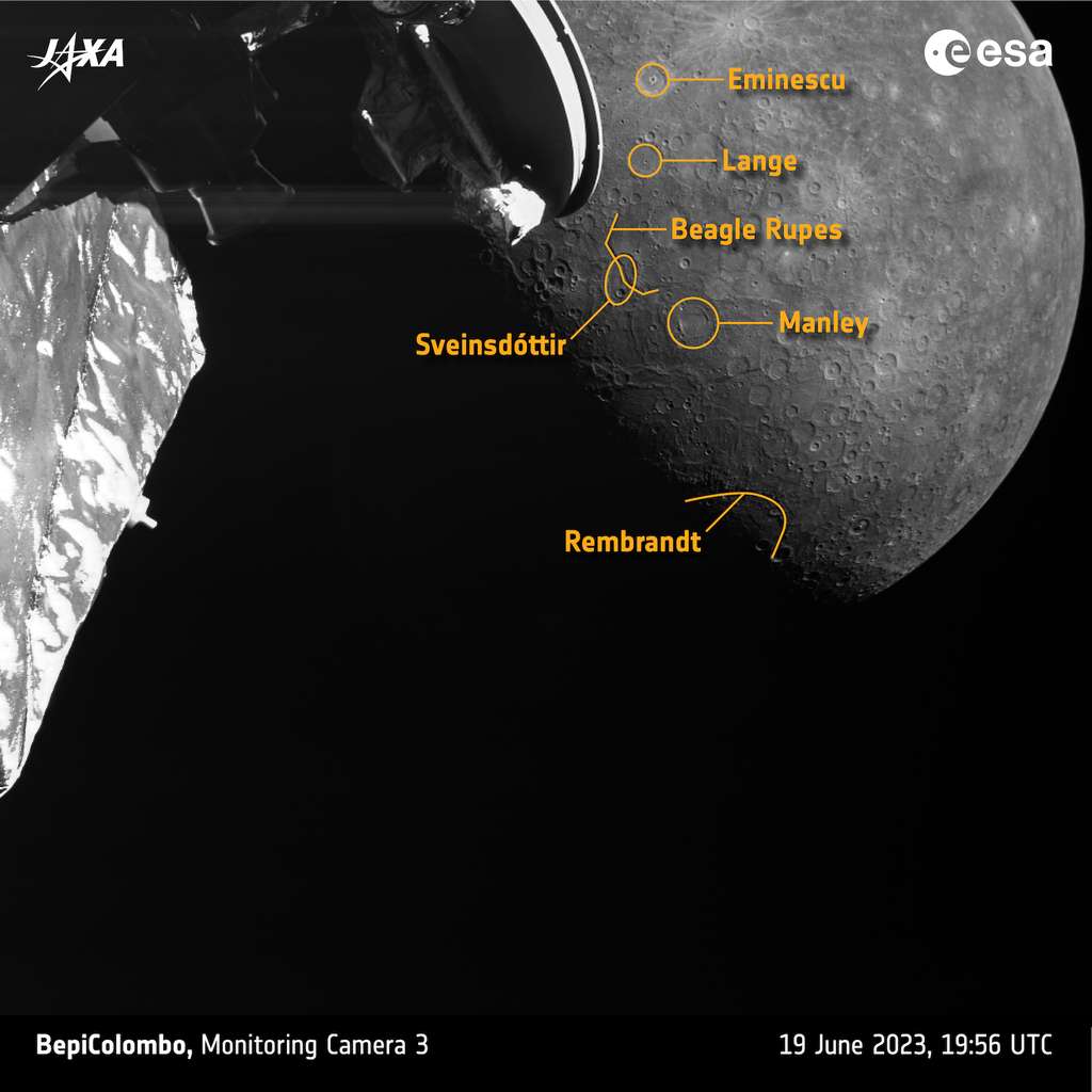 La matière sombre du cratère Manley sera étudiée en détail lorsque la mission BepiColombo sera mise en orbite autour de Mercure, d’ici 2025. © ESA, BepiColombo, MTM, CC BY-SA 3.0 IGO