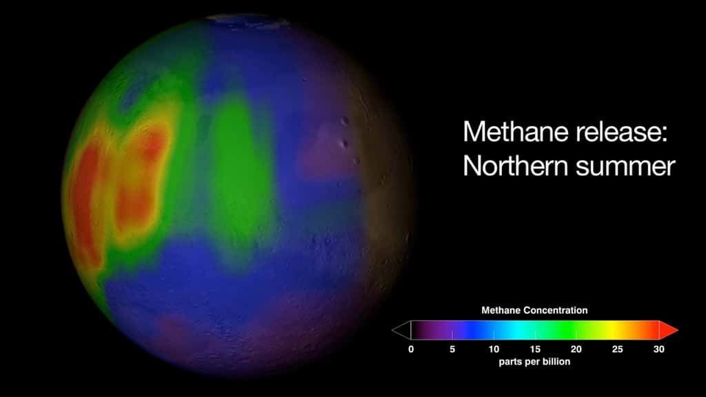 Concentrations de méthane dans l'atmosphère martienne (ppb, <em>part per billion</em> ou partie par milliard). C'est du moins ce que laissaient penser les observations de Michael Mumma qui, pendant sept ans, a observé la planète. En 2009, ses conclusions menaient à l'existence de variations saisonnières d'émissions de méthane. Curiosity, sur place, n'est pas de cet avis. Les résultats de ses observations ne montrent pas de telles concentrations de méthane. © Nasa, GSFC