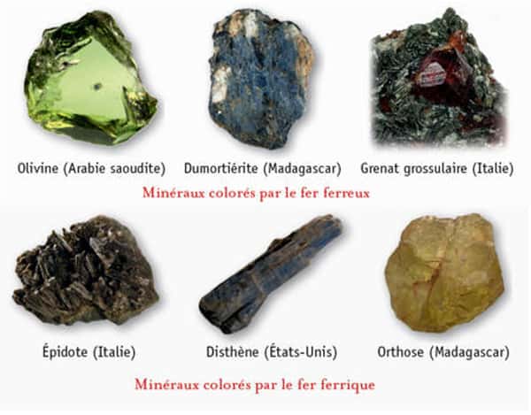 Les degrés d’oxydoréduction du fer (ferreux, ferrique) produisent deux gammes de couleurs dans les minéraux. © Dunod, DR