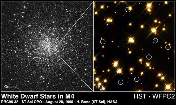 M4 est l'amas globulaire le plus proche de la Terre. Situé à 7.000 années-lumière, il comporte environ 100.000 étoiles. Sous l'œil de Hubble, à droite, il apparaît riche de nombreuses naines blanches peu lumineuses, ici entourées par des cercles. Crédit : Nasa