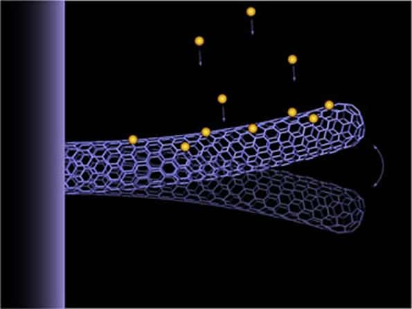Représentation d'un nanotube à double paroi en oscillation avec des atomes d'or (jaunes) se déposant sur lui. Crédit : Zettl Research Group, Lawrence Berkeley National Laboratory and University of California at Berkeley