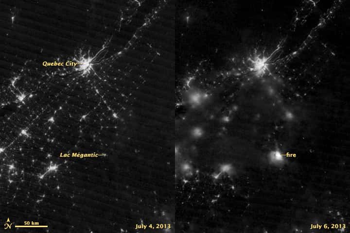 Comparaison des images du satellite Suomi NPP de la Nasa prises le 4 juillet 2013 (à gauche) et le 6 juillet (à droite). Le satellite capture la lumière dans la gamme du vert jusqu'au proche infrarouge. Sur l'image de gauche, on situe la luminosité de Lac-Mégantic et de Québec. Sur l'image de droite, on observe l'éclat du feu (<em>fire</em>) du train. © Nasa