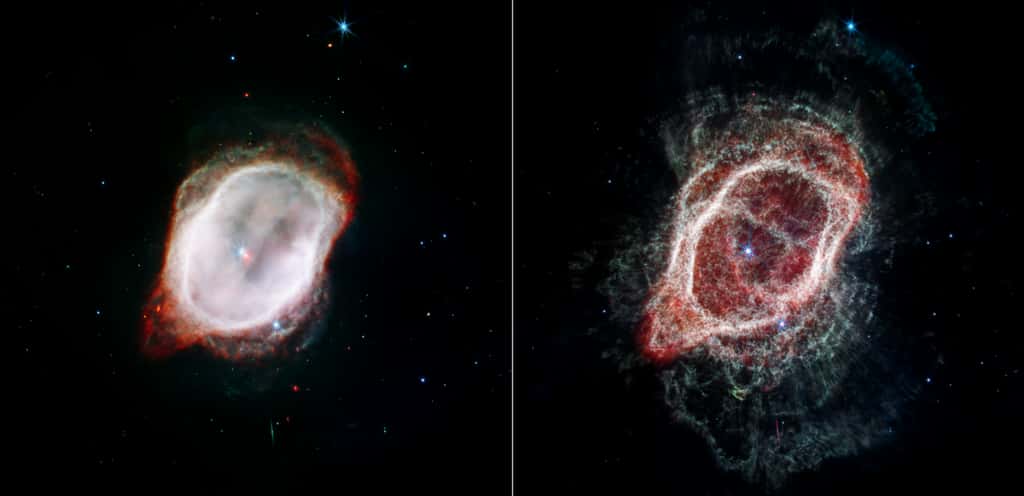 Ces deux autres vues de la nébuleuse de l’Anneau austral capturées par le JWST combinent les données dans l’infrarouge proche et moyen de trois filtres en une image couleur. L’image de gauche met en évidence le gaz chaud qui entoure les deux étoiles centrales – une étoile rouge sombre qui a initialement jeté le matériau qui compose la nébuleuse, et un compagnon bleu vif. L’image de droite retrace les sorties moléculaires les plus froides et les plus précoces de l’étoile qui ont atteint la plus grande distance dans l’espace. Nasa, ESA, CSA, O. DeMarco, J. DePasquale