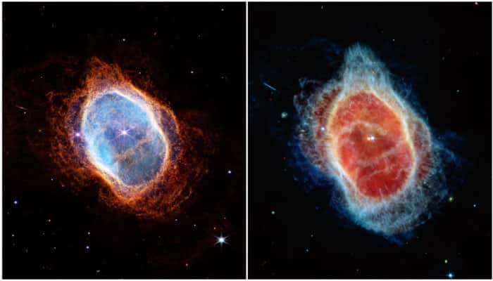 Contrairement à ce qui se passe dans le proche infrarouge, dans l’infrarouge moyen (à droite), l’étoile mourante apparaît presque aussi brillante que sa compagne. © Nasa, ESA, CSA and O. De Marco (Macquarie University), J. DePasquale (STScI)