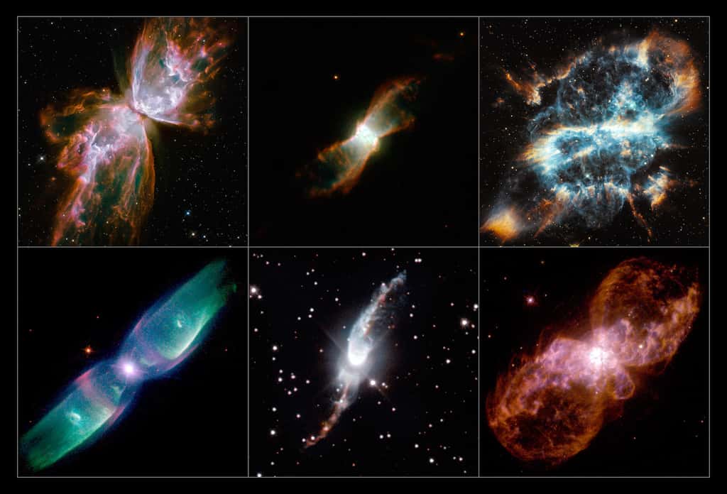 Ici, quelques-unes des nébuleuses planétaires du renflement galactique que les astronomes ont observées. De gauche à droite, en haut : NGC 6302, NGC 6881, NGC 5189 ; en bas : L2-9, Hen 3-1475, Hubble 5. © Hubble, ESA, Nasa