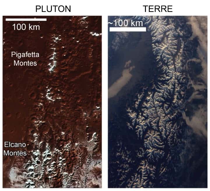 À gauche, la région de « Cthulhu » près de l’équateur de Pluton et à droite, les Alpes sur Terre. Deux paysages semblables, mais créés par des processus très différents.<br>© Nasa/Johns Hopkins University Applied Physics Laboratory/Southwest Research Institute et Thomas Pesquet/ESA