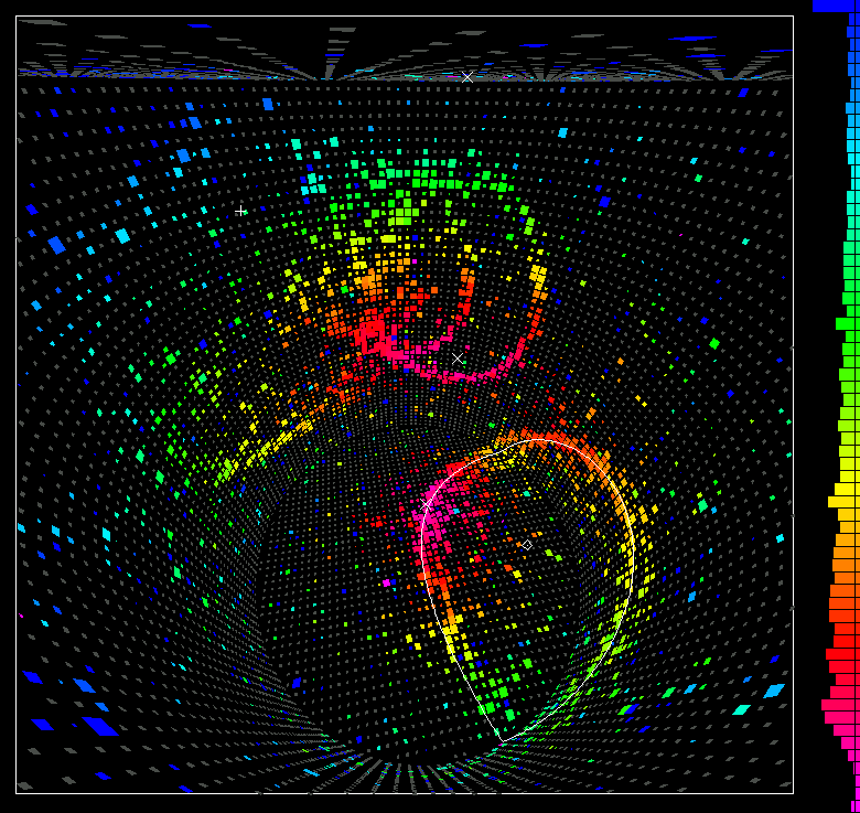 Sur cette image, plusieurs événements de détection de neutrinos tels que ceux qui pourraient servir à alerter sur l’imminence de l’explosion d’une étoile en supernova. © Super-Kamiokande