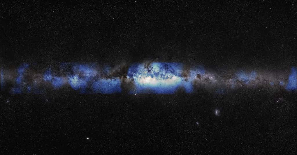 Une composition de notre Voie lactée telle que vue par IceCube, faisant apparaître pour la première fois, les neutrinos émis par notre galaxie. © IceCube Collaboration, U.S. National Science Foundation (Lily Le &amp; Shawn Johnson), ESO (S. Brunier)