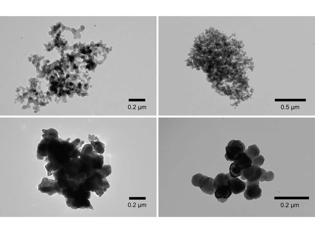 Des échantillons de noir de carbone vus au microscope électronique : en haut à gauche, de la suie de fullerène – un type de nanomatériaux largement employés – et du noir de carbone (à droite) issu de pots d’échappement de véhicules. © 2023 Moteki et al., Université de Tokyo
