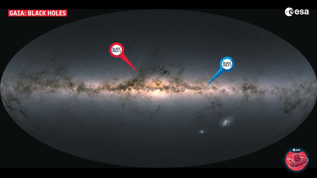 Voici l’emplacement des deux premiers trous noirs découverts par la mission Gaia de l'Agence spatiale européenne (ESA) dans la Voie lactée. © ESA, Gaia, DPAC ; CC BY-SA 3,0 IGO 
