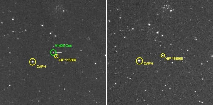 La nova V1405 Cas à proximité de l’étoile bêta Cassiopée, connue aussi sous le nom de Caph. © Yuji Nakamura, NAOJ
