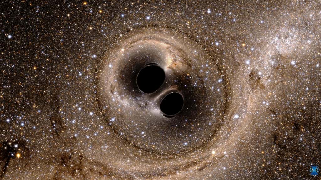 Ligo (<em>Laser Interferometer Gravitational-Wave Observatory</em>) a permis en 2015 de détecter l'onde gravitationnelle produite par la collision puis la fusion de deux trous noirs d'environ 30 masses solaires chacun. Des simulations numériques effectuées en 2016 ont permis de visualiser à quoi aurait ressemblé l'événement pour des observateurs situés à quelques milliers de kilomètres. © SXS (<em>Simulating eXtreme Spacetimes project</em>)
