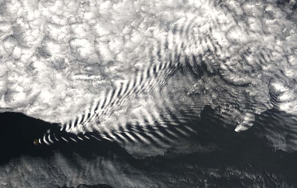Motif nuageux formé par les ondes de gravité en aval de l'île Amsterdam, une île volcanique de l'océan Indien © Wikipédia, DP