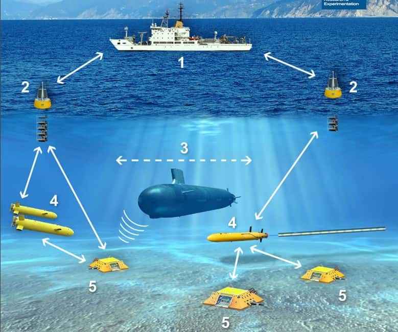 Avec Janus, il est possible de réunir sur un même réseau des appareils marins et sous-marins qui communiquent sur une bande de fréquence autour de 11,5 kilohertz. © <em>Centre for Maritime Research and Experimentation</em>, Otan