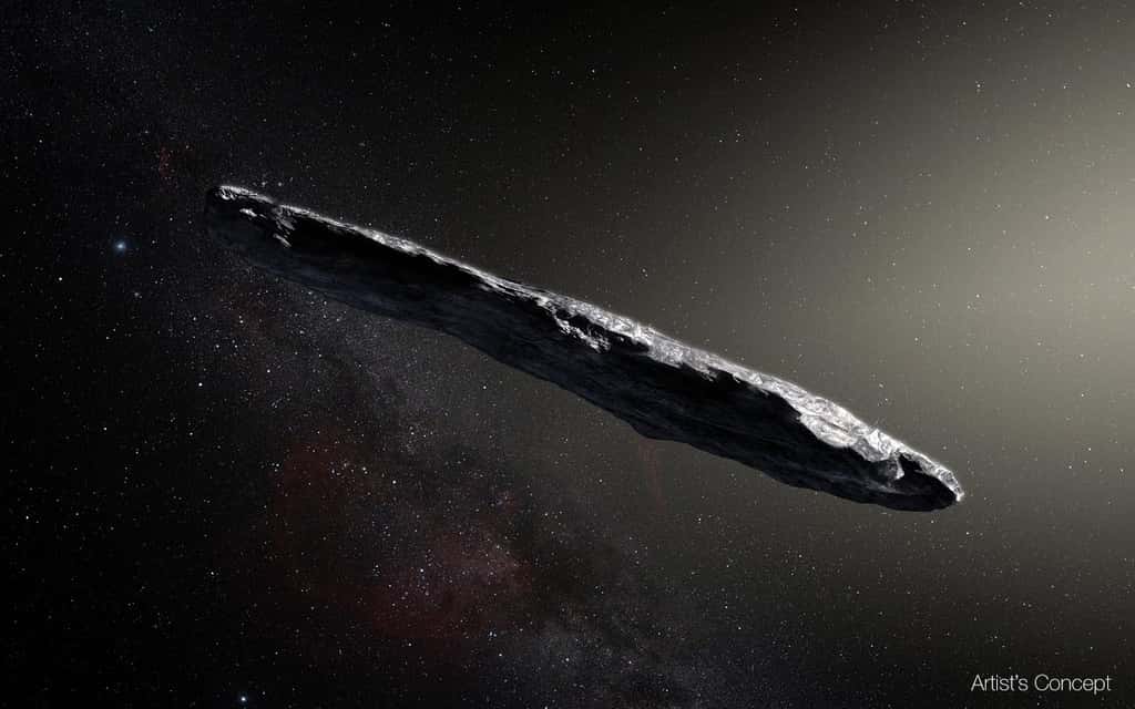 Une vue d’artiste de l’objet que les astronomes ont officiellement baptisé 1I/2017 U1 et rapidement surnommé ‘Oumuamua. Jamais un objet de cette forme n’a été observé dans notre Système solaire auparavant. © M. Kornmesser, Observatoire européen austral