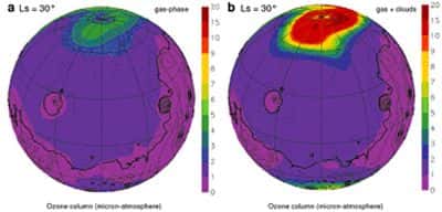 Distribution polaire de l'ozone atmosphérique martien. Crédit Esa