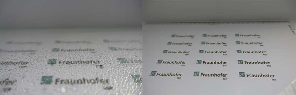 À gauche, revêtement non activé (hydrophobe) / formation de gouttes. À droite, revêtement après irradiation (lumière UV-Licht 1h) complètement humidifié. © Fraunhofer FEP
