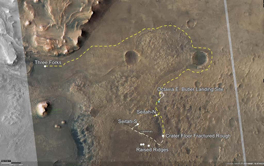 Depuis son site d’atterrissage baptisé « Octvavia E. Butler », Perseverance a pris la direction de deux unités géologiques distinctes : le « crater floor fractured rough » — désigné sur la carte par « CF-Fr » et que l’on peut traduire par « le fond du cratère fragmenté rugueux » — et « Séítah ». Sa deuxième mission scientifique l’emmènera vers le nord, puis vers l’est, en direction de Three Forks, le delta du cratère Jezero. Des parcours à visualiser sur cette carte fournie par la caméra HiRISE de la mission <em>Mars Reconnaissance Orbiter</em>. C’est seulement une fois sur place que les équipes de la Nasa décideront s’il vaut la peine que Perseverance s’aventure sur le parcours tracé en pointillés blancs. © Nasa, JPL-Caltech, Université de l’Arizona