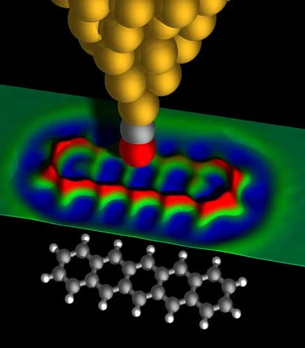 En gris et rouge la pointe en CO équipant un AFM étudiant la molécule de pentacène. Au milieu de l'image, une représentation des données enregistrées. Crédit : IBM Research–Zurich