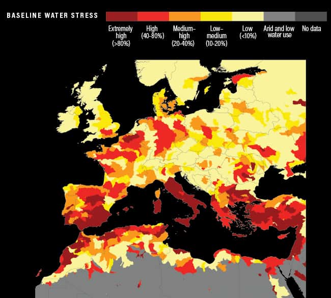 Cette carte montre l’état de la pénurie hydrique en Europe et au nord de l’Afrique. © <em>World Resources Institute</em>