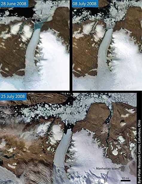 Le glacier Petermann vu par satellite, et les différentes étapes de sa dégradation. Crédit Nasa.