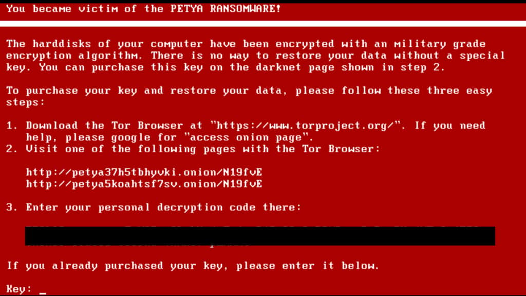 Capture d’écran du message qui s’affiche sur les ordinateurs Windows victimes du rançongiciel Petya. © <em>Wikimedia Commons</em>,DP