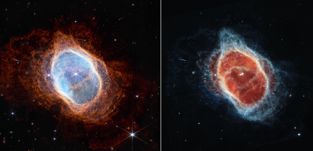 Ici à droite, la nébuleuse de l’anneau austral vue par l’instrument NIRCam du télescope spatial James-Webb (JWST) ans l’infrarouge proche et à gauche, la même nébuleuse vue par l’instrument Miri dans l’infrarouge moyen. © Nasa, ESA, CSA, STScI 